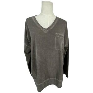 TEMPO PARIS V Neck Long Sleeve Distressed Pocket Sweater Women Gray M Lagenlook